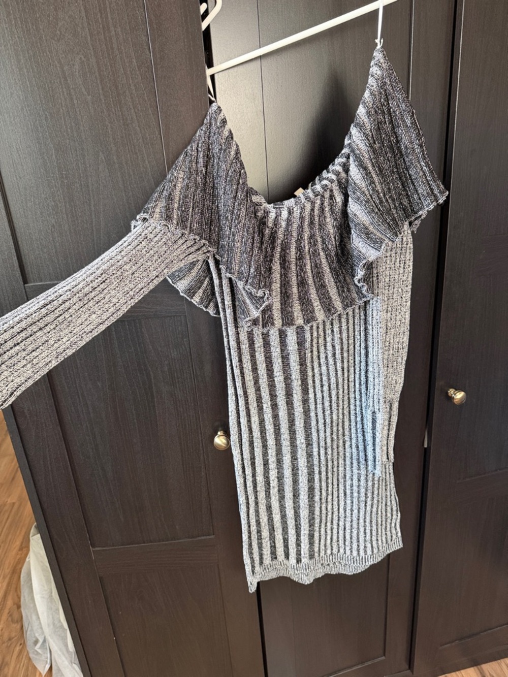 Off-the-Shoulder Gray Ribbed Ruffle Sweater Dress